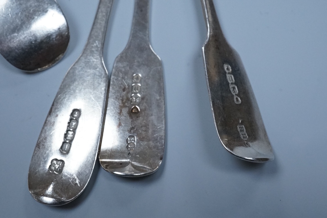 A quantity of assorted mainly 18th and 19th century silver flatware, various patterns, dates and makers, mainly teaspoons but including a pair of George III Old English pattern table spoons, by Hester Bateman, London, 17